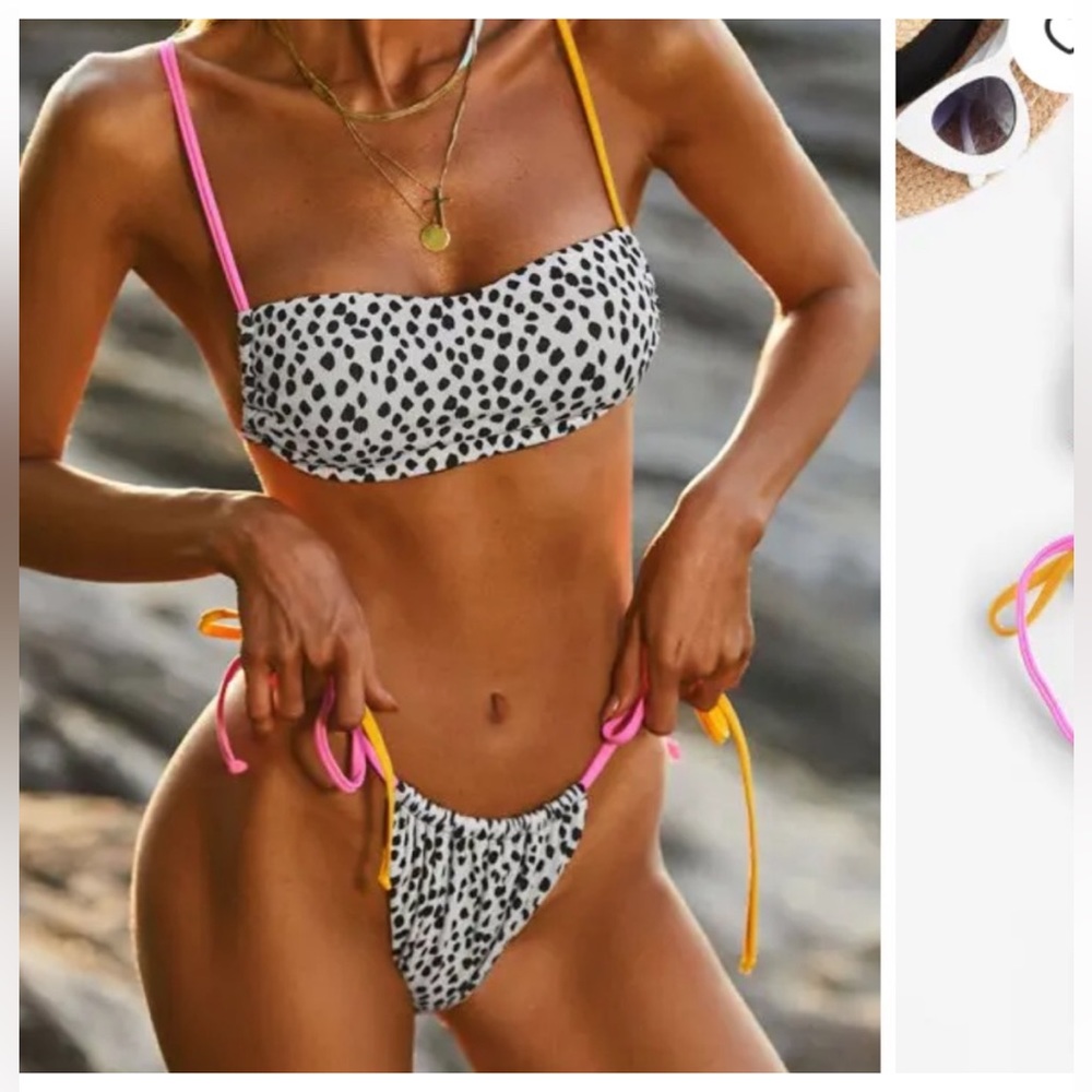 ZAFUL black and white Dalmatian polka dot pink gold string bikini tiny two piece
